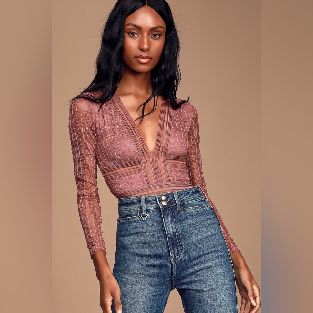 Lulus Casita Mauve Pink Sheer Lace Long Sleeve Bodysuit - Size S - Picture 2 of 6